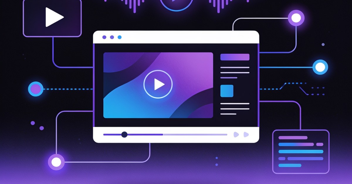 Интерактивная видеореклама — кликабельные элементы в видео, shoppable video, тёмный фон, фиолетовые и синие акценты, маркетинг